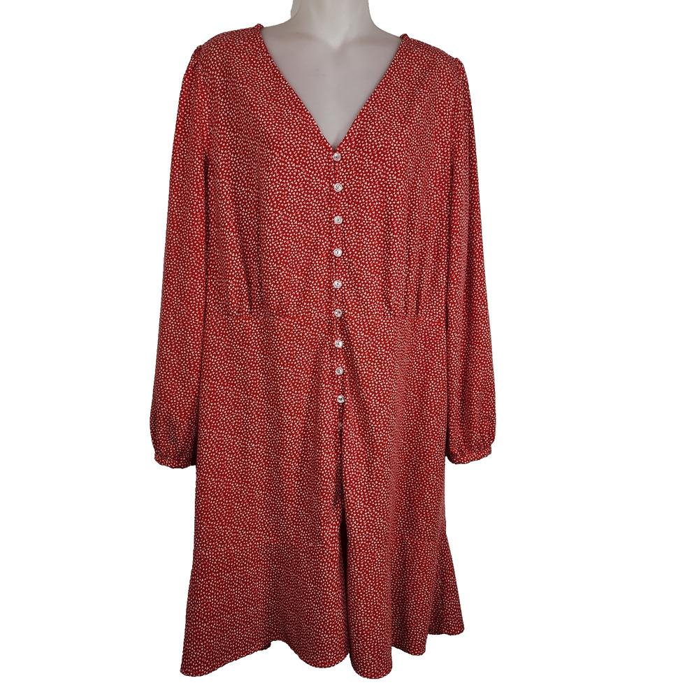 Loft Women Heart Print Mini Dress Red White V Neck Romantic Flare 14 Long Sleeve